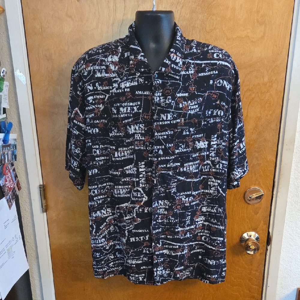 Harley Davidson Mens Button Down Shirt‎ Short Sleeve AOP Roads Map Black XXL